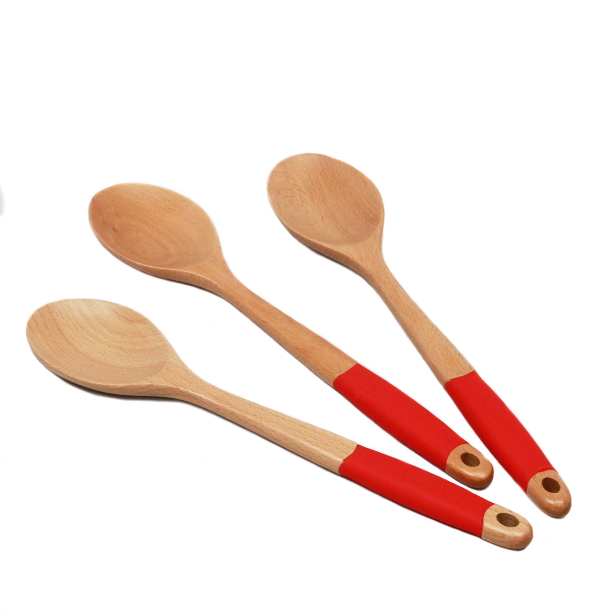 Premium Red Silicone Handle Beech Wood Spoon Set, 14 inch, 3 Pieces