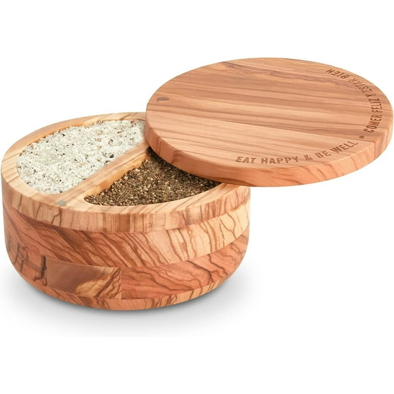 Chef Curry Elegant Olivewood Salt Cellar with Dual Compartments, Rotating Magnetic Lid, Eco-Friendly Kitchen Storage, Space-Saving Design, Easy to Clean and Store