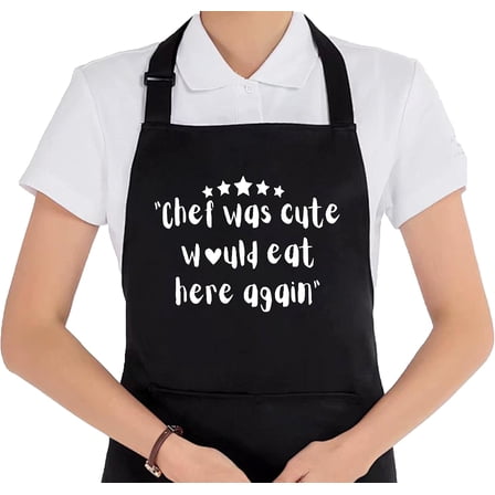 Chef Was Cute Would Eat Here Again Aprons for Women Men with Pockets, Funny Gifts for Chef Cooks Cooking Lovers, Waterproof Adjustable Bib Apron for Cooking Kitchen Dishwashing BBQ Baking Grill