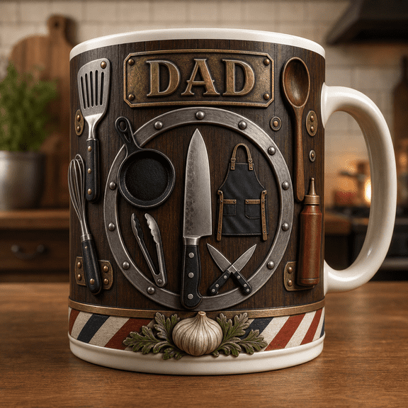 Chef Dad Accent Mug with Knife Pan Apron Design, Father's Day Coffee Mug