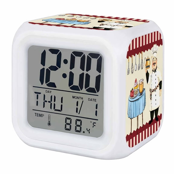 Chef Digital Alarm Clock for Bedrooms, Smart LED Alarm Clock with 7 Color Changing Night Light, Red Fruit Cake Hat Kitchen Gourmet Vintage Silent Wake Up Clocks for Sleep Study Cooking 3.2"x3.2"
