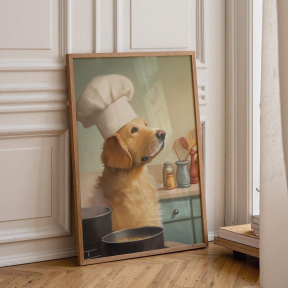 Chef Dog Golden Retriever Cooking Funny Kitchen Whimsical Dog Chef Culinary Graphic Poster Unframed Paper Print