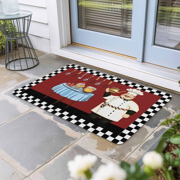 Chef Door Mat Indoor Outdoor,Cartoon Red Food Cooking Black White Buffalo Check Non Slip Welcome Mat with Rubber Backing,Absorbent Fabric Front Door Mats Entryway Rug for Home Patio Entrance 16"x24"