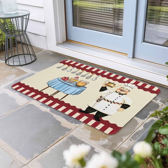 Chef Door Mat Indoor Outdoor, Red Fruit Cake Hat Kitchen Gourmet Vintage Non Slip Welcome Mat with Rubber Backing, Absorbent Fabric Front Door Mats Entryway Rug for Home Patio Entrance 18"x30"