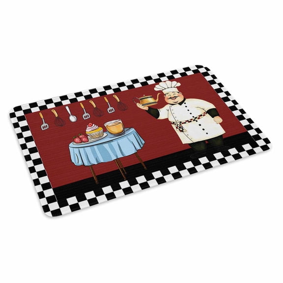 Chef Doormat Red Kitchen Dessert Food Black White Plaid Non Slip Low Profile Rubber Door Mat Washable Absorbent Indoor Front Door Mat Entryway Rug Entrance Carpet 20x31.5 Inch