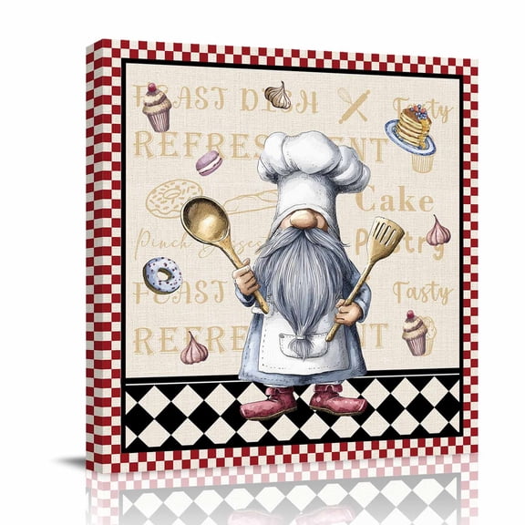 Chef Dwarf Canvas Wall Art for Living Room, Desserts Ice Cream Donuts Red Plaid Kitchen Wall Decor Framed Artwork Pictures Ready to Hang for Bedroom Office Home Decor