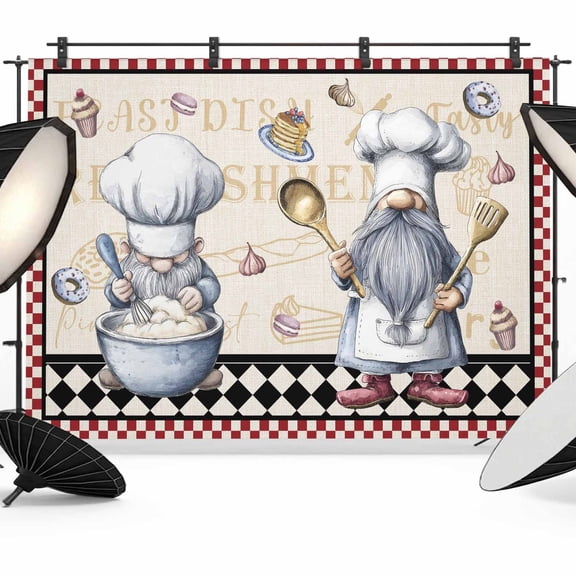 Chef Dwarf Photography Backdrop 7x5FT, Desserts Ice Cream Donuts Red Plaid Kitchen Photo Backdrops, Background for Photography Studio Photo Studio Background, Back Drop for Photoshoot
