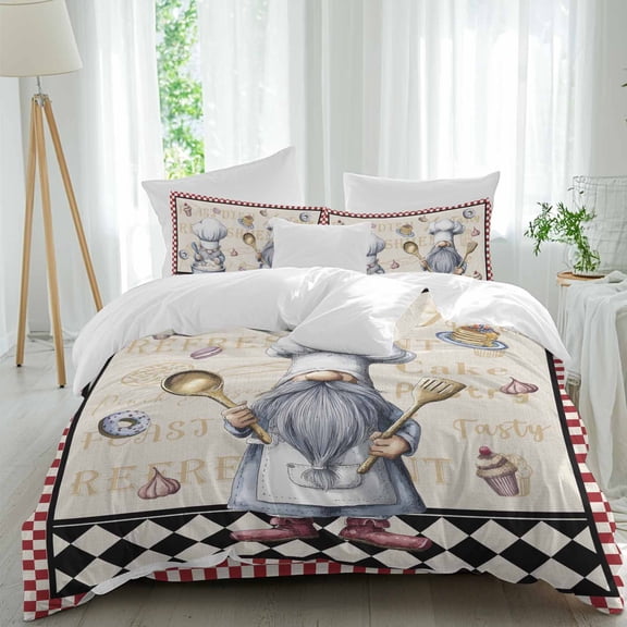 Chef Dwarf Queen Size Comforter Set, Desserts Ice Cream Donuts Red Plaid Kitchen Bedding for All Seasons, 4 Pcs Bed Set, 1Quiltcover (90"x92") ,1Sheet(94"x116"), 2Pillowcases (30"x20")