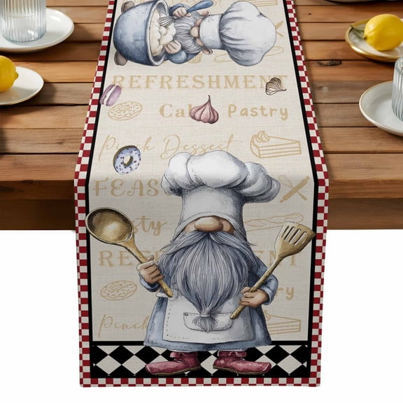 Chef Dwarf Table Runner, Desserts Ice Cream Donuts Red Plaid Kitchen Washable Kitchen Table Runners Dress Scarves for Dining Table Decorations Party, 13x108in