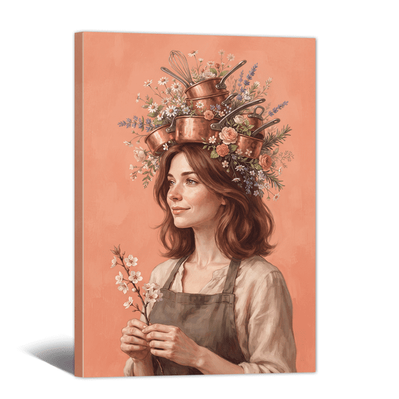 Chef Figure Canvas Wall Art Cookers Flower Headdress Picture Print, Surreal Retro Artwork Aesthetic Painting for Living Room Bedroom Home Office Decor