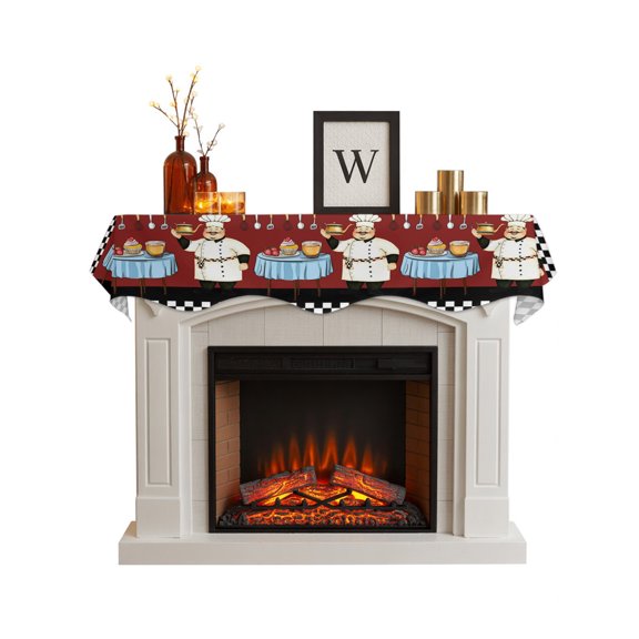Chef Fireplace Mantel Scarf Cover 60"Wx17"L,Fireplace Mantel Shelf Top Runner,Cartoon Red Food Cooking Black White Buffalo Check Mantle Dresser Scarves Table Runner for Holiday Party Living Room