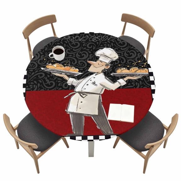 Chef Fitted Tablecloth with Elastic Edged, Round Table Cloth for Dining Table, Cartoon Cute Watercolor Cooking Red Black Waterproof Oil Proof Table Cover for Indoor Outdoor 36"-44"