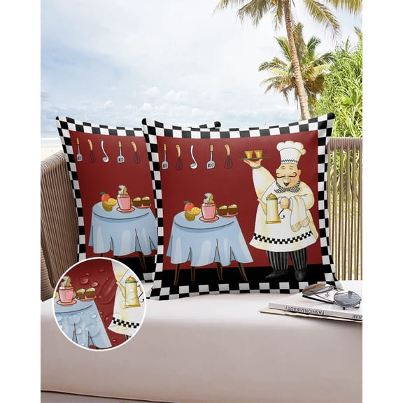 Chef with Food Knife Fork Red Pattern Outdoor Pillow Covers Waterproof Throw Pillow Cover 16x16in Set of 2,Square Decorative Pillowcases Cushion Case for Patio Sofa Couch,Buffalo Plaid Frame