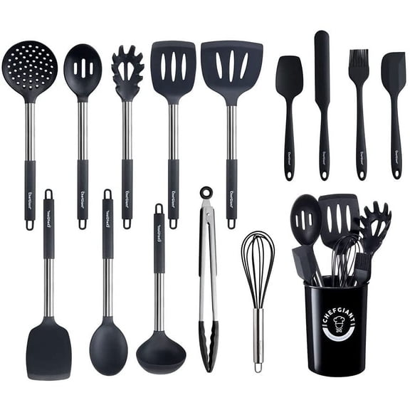 Chef Giant Silicone Kitchen Utensil Set | 15-Piece Stainless Steel Cooking Tool Kit with Holder, Spatula, Ladle, Pasta Server, Tongs, Whisk & More | Heat Resistant, BPA Free, Dishwasher Safe | Black