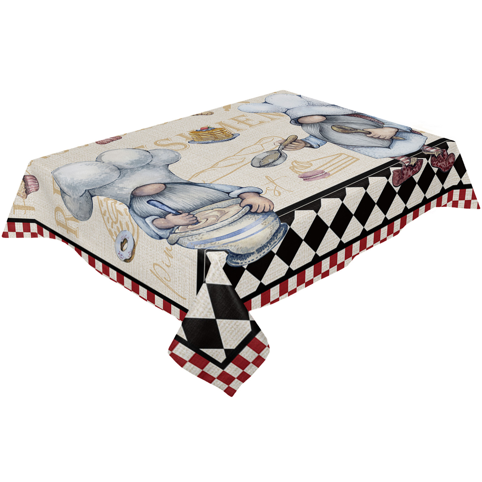 Chef Gnome Cake Dessert Plaid Rectangular Tablecloth Dustproof Picnic