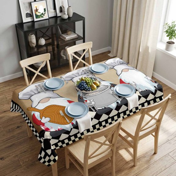 Chef Gnome Farmhouse Rectangle Tablecloth 52x70 Inch Black White Checked Waterproof Polyester Tablecloth for Dining Table, Washable Table Cover for Kitchen Dining Room Wedding,Stain Resistant
