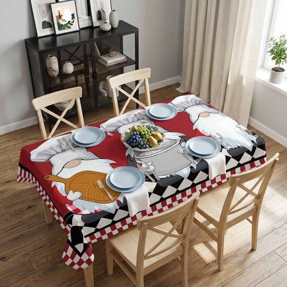 Chef Gnome Farmhouse Red Rectangle Tablecloth 52x70 Inch Black White Buffalo Checked Waterproof Polyester Tablecloth for Dining Table, Washable Table Cover for Kitchen Dining Room Wedding