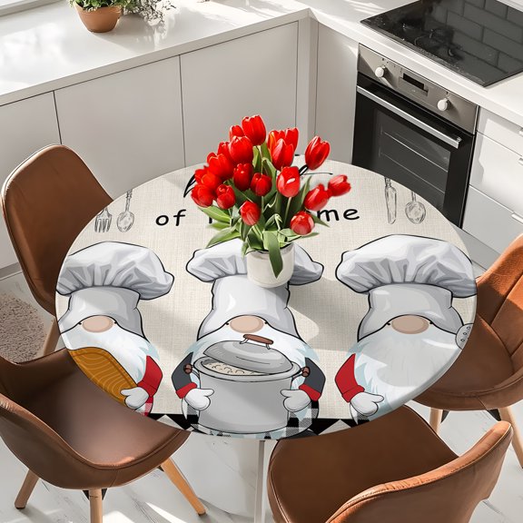 Chef Gnome Gourmet Pot Black Plaid Round Fitted Tablecloth with Elastic Edge,Waterproof Table Cloth Fits 36"-44" Tables,Wipeable Table Cover for Indoor Outdoor Dinning,Kitchen Home Quote Retro Linen