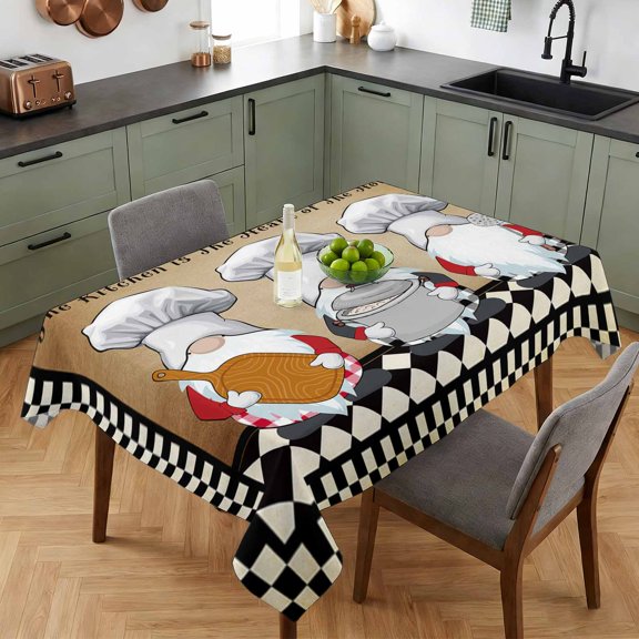 Chef Gnome Kitchen Cooking Black Buffalo Plaid Table Cloth 52x70in, Waterproof Rectangle Tablecloth Wipeable Tablecloths Cute Dwarf Retro Brown Back Table Covers for Dining Tables Party