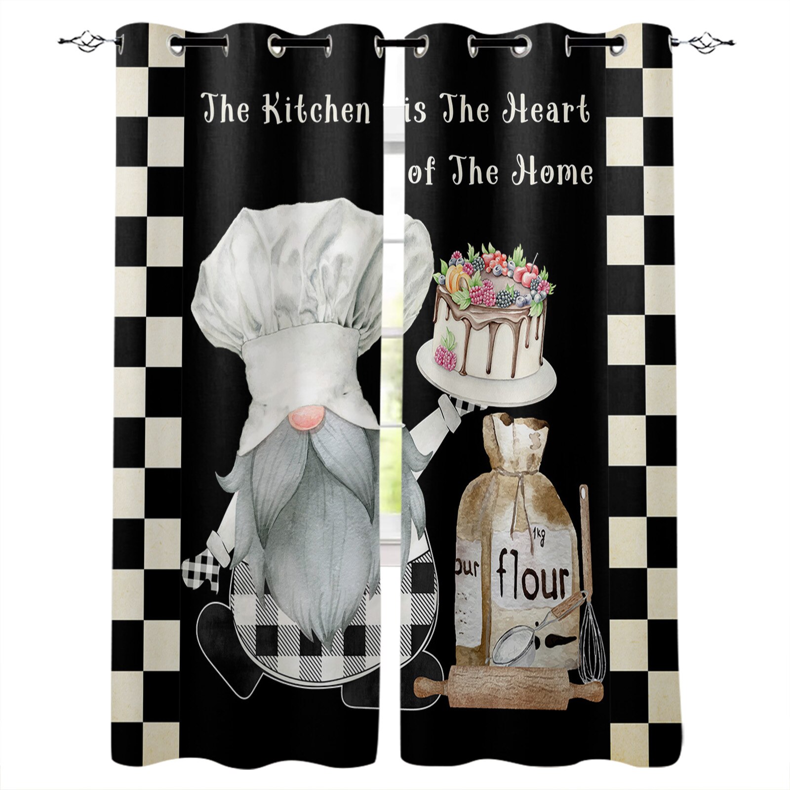 Chef Gnome Plaid Cake Dessert Cooking Curtains for Living Room Kids