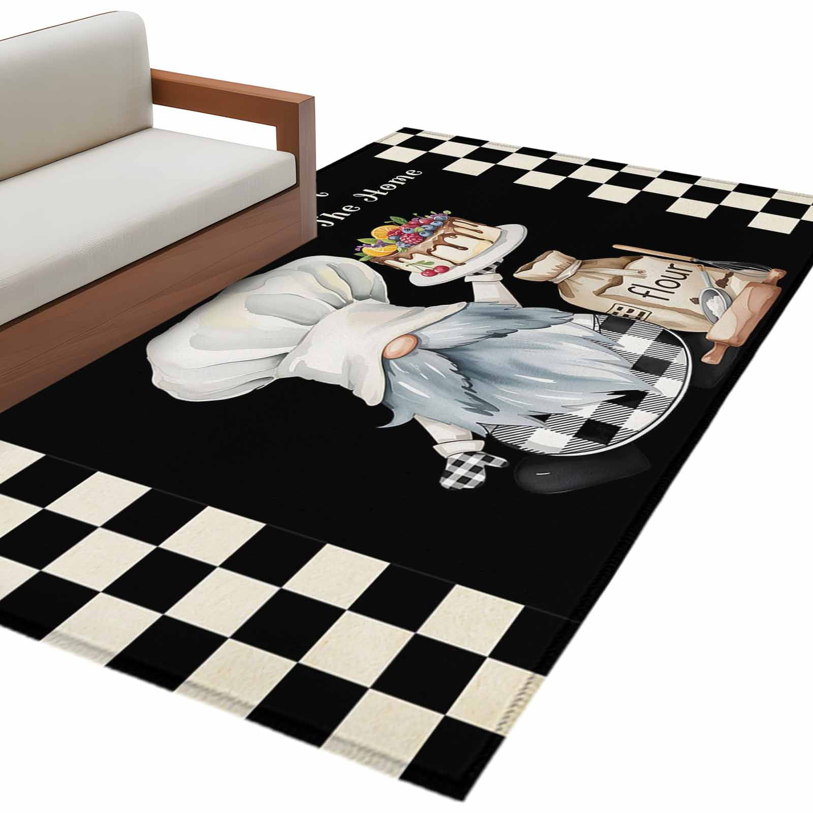 Chef Gnomes 3'x5' Washable Rug, Black White Plaid Dessert Maker Cake ...