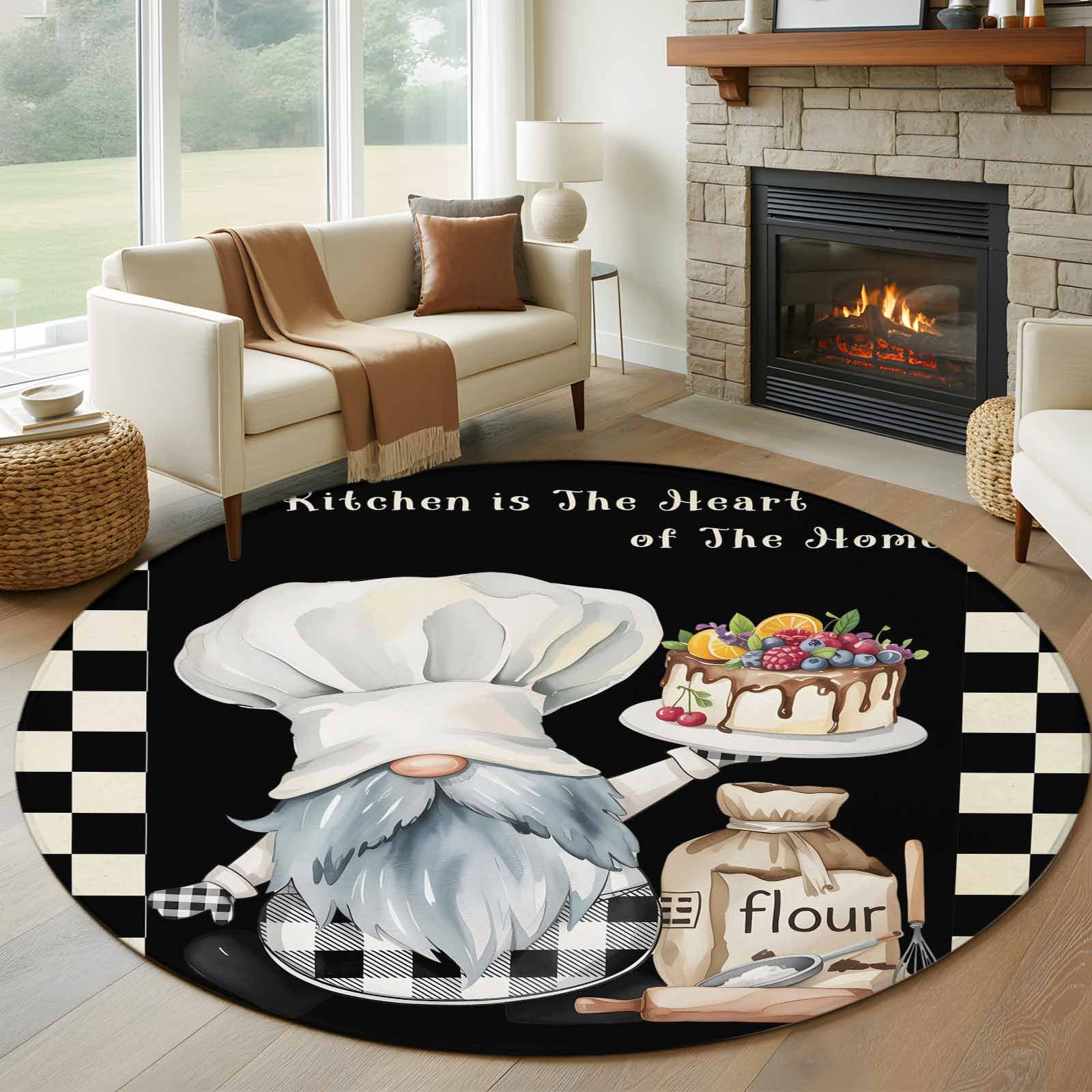 Chef Gnomes 8ft Round Rug, Rustic Black White Paid Dessert Cake Cook ...