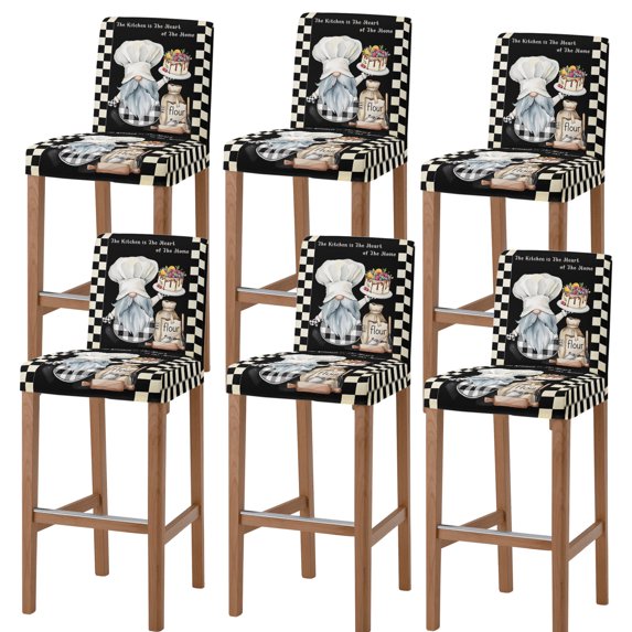 Chef Gnomes Bar Stool Cover Set of 6, Rustic Black White Paid Dessert Cake Cook Stretch Bar Chair Cover, Removable Washable Pub Counter Stool Chair Slipcover for Kitchen Dining Room Pub Cafe