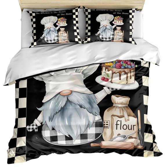 Chef Gnomes Bedding 3 Piece Duvet Cover Set Twin Size, Black White Plaid Dessert Maker Cake Soft Microfiber Comforter Cover with Zipper Closure & Pillowcases, Wrinkle & FadeResistant Quilt Cover