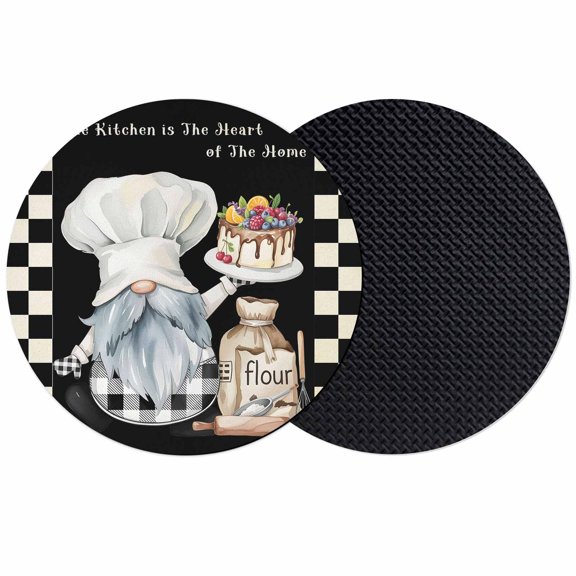 Chef Gnomes Coasters Set of 2, Black White Plaid Dessert Maker Cake Absorbent Coasters for Drinks, Coaster for Bar Office Dining Coffee Table Accessories Decor, Non Slip Round Desk Coaster