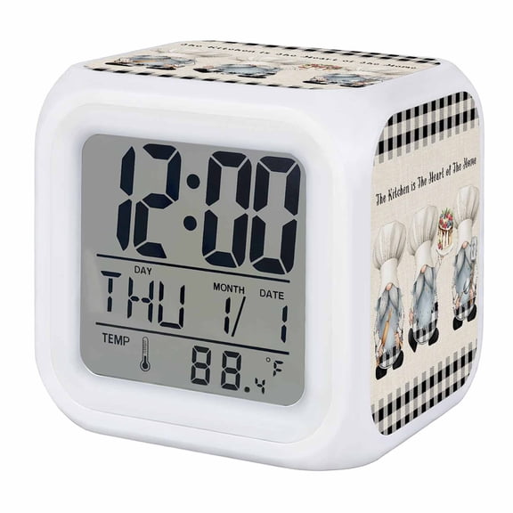 Chef Gnomes Digital Alarm Clock for Bedrooms,Smart LED Alarm Clock with 7 Color Changing Night Light,Black Grey Plaid Cake Cook Dessert Burlap Silent Wake Up Clocks for Sleep Study Cooking 3.2"x3.2"
