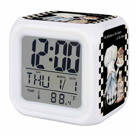 Chef Gnomes Digital Alarm Clock for Bedrooms, Smart LED Alarm Clock with 7 Color Changing Night Light, Black White Plaid Dessert Maker Cake Silent Wake Up Clocks for Sleep Study Cooking 3.2"x3.2"