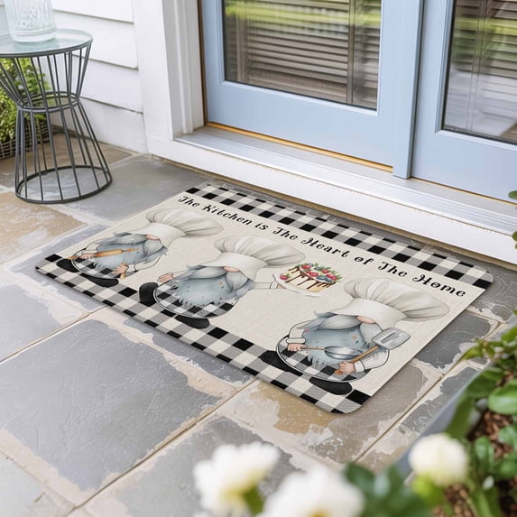 Chef Gnomes Door Mat Indoor Outdoor, Black Grey Plaid Cake Cook Dessert ...