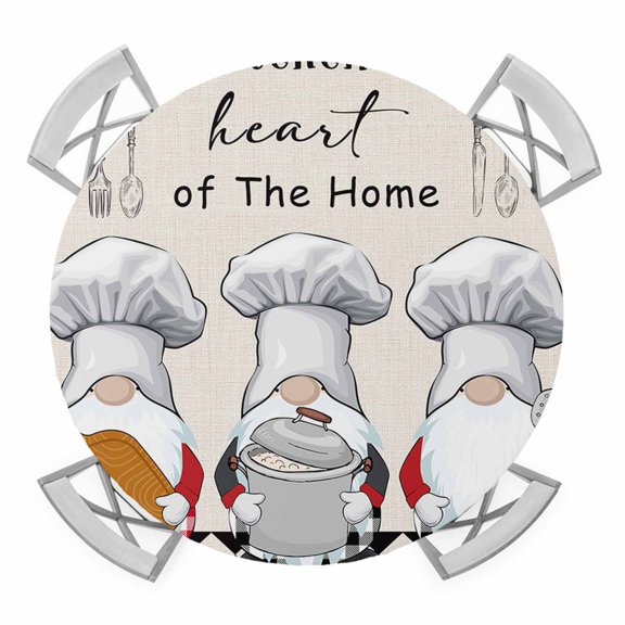 Chef Gnomes Elastic Fitted Round Table Cover Black White Buffalo Checked Waterproof Outdoor Tablecloth for Holiday Party, Picnic, Patio & Dining Fits Tables Up to 45"-54"