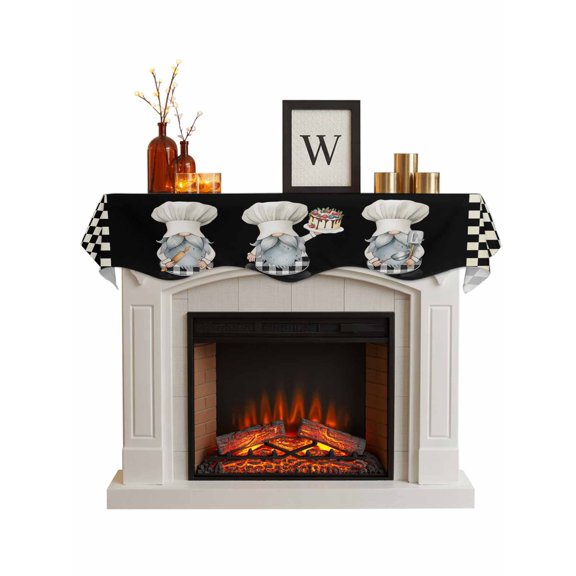 Chef Gnomes Fireplace Mantel Scarf Cover 60"Wx17"L,Fireplace Mantel Shelf Top Runner,Black White Plaid Dessert Maker Cake Mantle Dresser Scarves Table Runner for Holiday Party Living Room Decorations