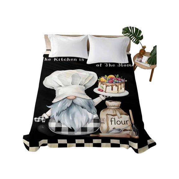 Chef Gnomes Flat Sheets Only King Size, Soft Breathable Bed Top Sheets for Mattress, Black White Plaid Dessert Maker Cake Luxury Bedding Flat Sheets for Home Hotel Bedroom Bed Protection