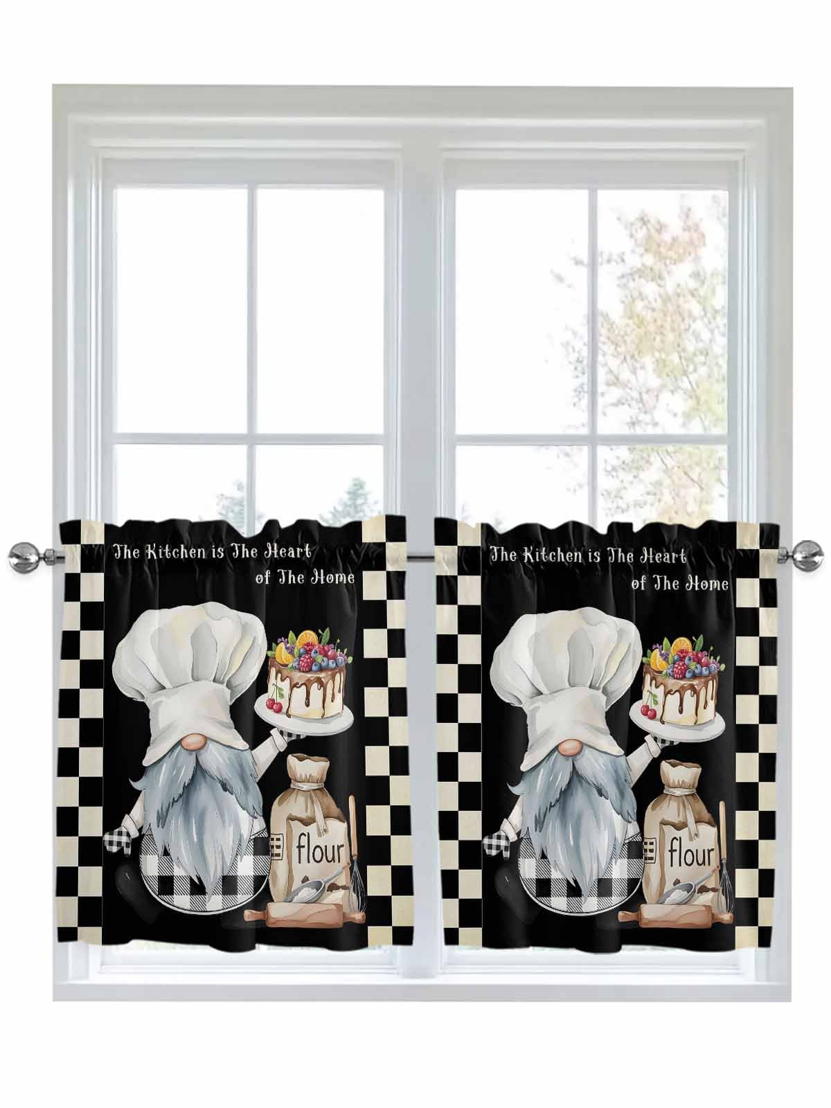 Cook Window Display Chef Gnomes Half Window Curtains 24 Inches Long, Rustic Black White ...