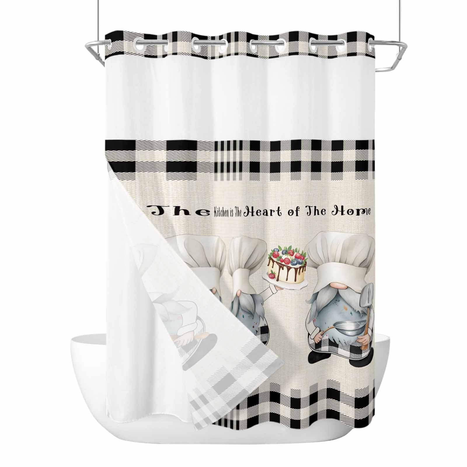 Chef Gnomes No Hook Shower Curtain with Snap in Liner, Black Grey Plaid ...