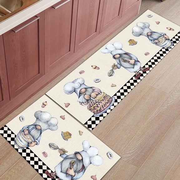 Chef Gnomes Kitchen Mats 2 Piece, Funny Gnomes Cooking Desserts Kitchen Rugs Set Buffalo Plaid Check Inside Floor Mat for Kitchen/Office/Entryway, 17"X30"+17"X47"