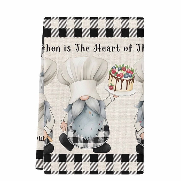 Chef Gnomes Kitchen Towels Set of 1, Absorbent Microfiber Dish Tea Towels with Hanging Loop, Black Grey Plaid Cake Cook Dessert Burlap Resuable Hand Towel for Home Kitchen Cooking Cleaning 18"x28"