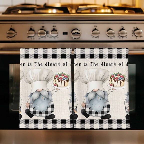 Chef Gnomes Kitchen Towels Set of 4, Black Grey Plaid Cake Cook Dessert Burlap Absorbent Dish Towels for Kitchen, Microfiber Hand Towel, Quick Drying Tea Towel for Cleaning Decorative Dishcloths