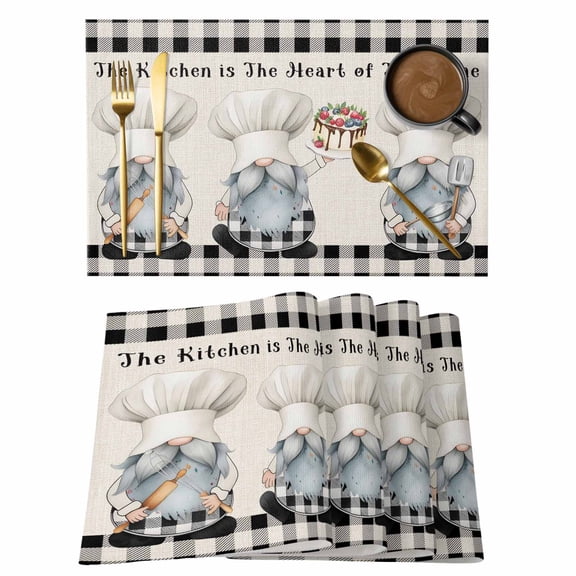 Chef Gnomes Placemats Set of 4, Black Grey Plaid Cake Cook Dessert Burlap Placemats for Dining Table, Place Mats for Kitchen Tabletop, Waterproof Wipeable Dining Table Mats Set