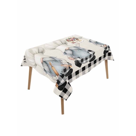 Chef Gnomes Rectangle Tablecloth, Black Grey Plaid Cake Cook Dessert Burlap Waterproof & StainResistant Tablecloth, Washable Oil-proof Table Cover for Dining/Party/Wedding/Camping/Buffet 52x70 In