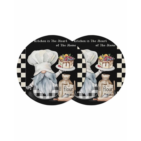 Chef Gnomes Round 13 Inch Placemats Set of 2, Black White Plaid Dessert Maker Cake HeatResistant Non Slip Place Mats for Dining Table, Wipeable Braided Kitchen Table Mats for Housewarming