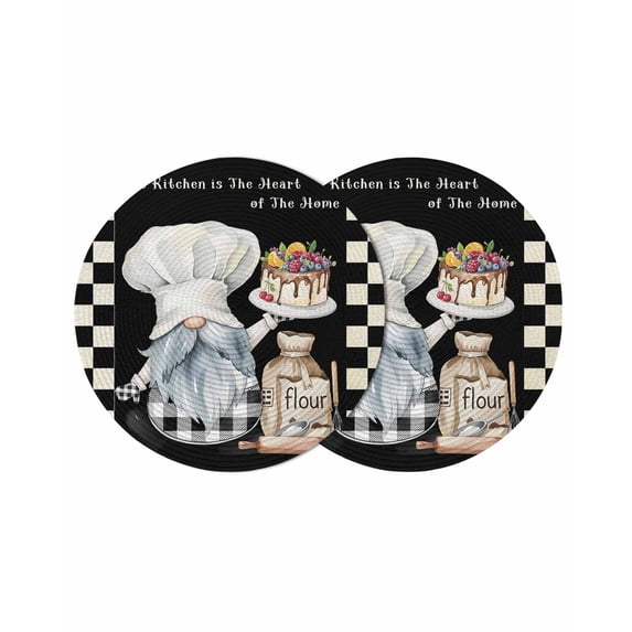 Chef Gnomes Round 15 Inch Placemats Set of 2, Black White Plaid Dessert Maker Cake HeatResistant Non Slip Place Mats for Dining Table, Wipeable Braided Kitchen Table Mats for Housewarming