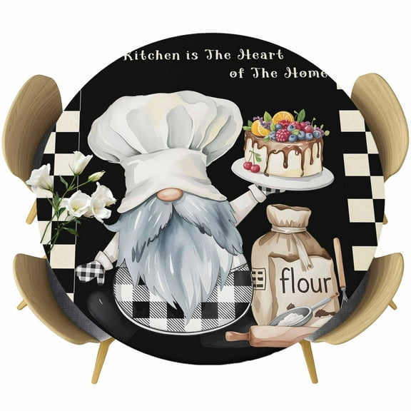 Chef Gnomes Round Tablecloth 36-44 Inch Round Fitted Table Cloth with Elastic Edge, Black and White GridDessert Maker Fruit Waterproof Table Cover Protector for Outdoor Picnic Party Dining