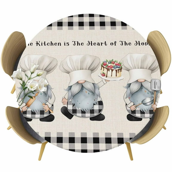 Chef Gnomes Round Tablecloth 45-54 Inch Round Fitted Table Cloth with Elastic Edge, Black Grey Grid Buffalo Plaid Cake Fruit Waterproof Table Cover Protector for Outdoor Picnic Party Dining