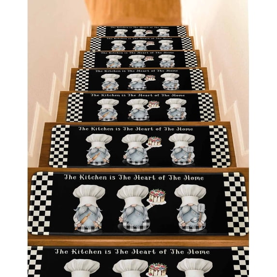 Chef Gnomes Stair Treads Non Slip Indoor for Wooden Steps, Rustic Black White Paid Dessert Cake Cook 10 Pcs Stair Mats for Elders Dogs, 8 x 30 Inch Carpet Treads Runner Rugs for Staircase