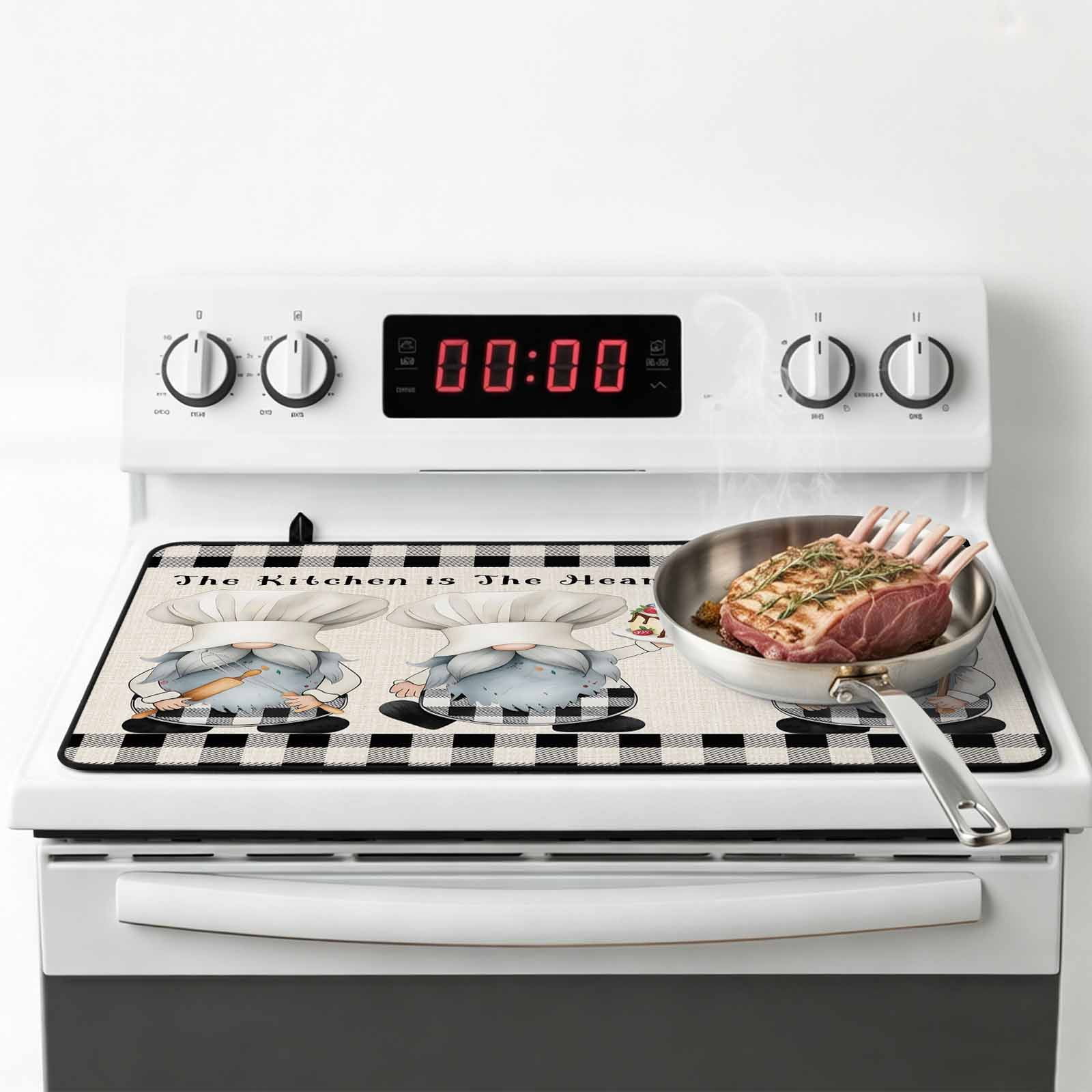 Chef Gnomes Stove Top Cover for Electric Stove, Heat-proof & Non Slip Glass Top Stove Cover Protector, Black Grey Plaid Cake Cook Dessert Burlap Kitchen Flat Cooktop Rubber Mat 24x21 Inches