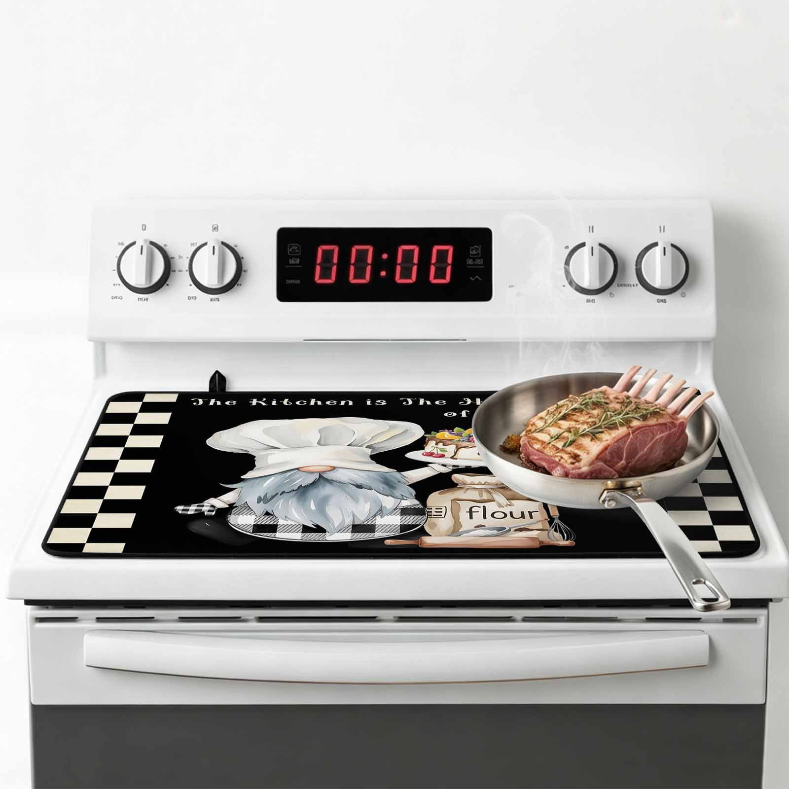 Chef Gnomes Stove Top Cover for Electric Stove, Heat-proof & Non Slip Glass Top Stove Cover Protector, Black White Plaid Dessert Maker Cake Kitchen Flat Cooktop Rubber Mat 24x21 Inches