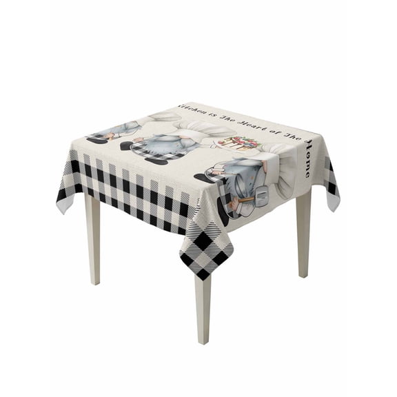 Chef Gnomes Table Cloth, Black Grey Plaid Cake Cook Dessert Burlap Waterproof Tablecloth for Square Tables, Reusable Washable Fabric Table Cover for Restaurant Kitchen Dining Tables 60"x60"